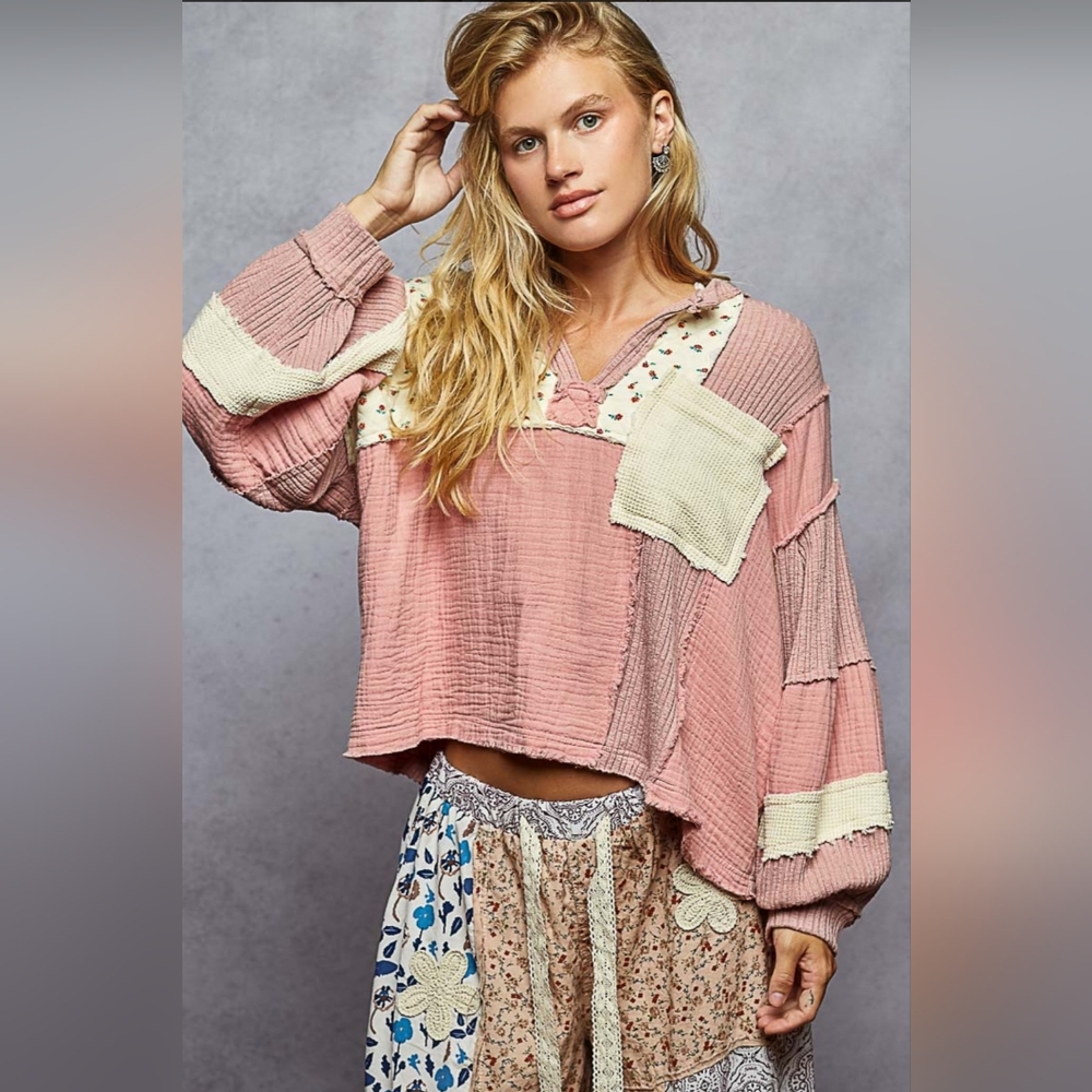 POL Oversized Patchwork Shirt in Dusty Pink and Cream - Picture 2 of 6